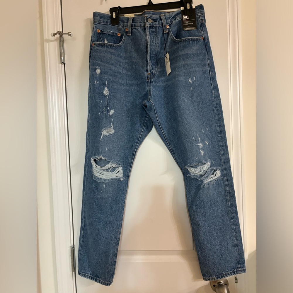 Levis 501 Skinny High Rise Button Fly Distressed Denim Jeans Womens 30x28